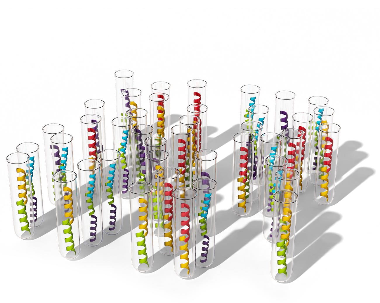 Multiple vials containing protein ribbon structures in a variety of different colors