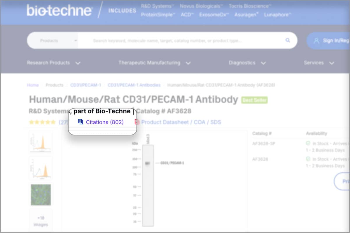 Highlight of citations link on Bio-Techne product page.