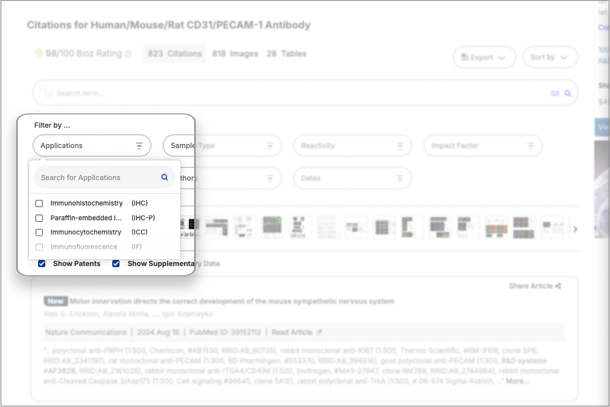 GIF showing widget filters for applications, sample type, and reactivity.