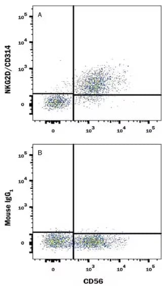 Flow Cytometry analysis of human PBMCs stained with APC-conjugated Anti-CD56 Antibody and either Anti-NKG2D/CD314 Antibody or IgG1 Isotype Control, followed by Anti-IgG PE-conjugated Antibody.