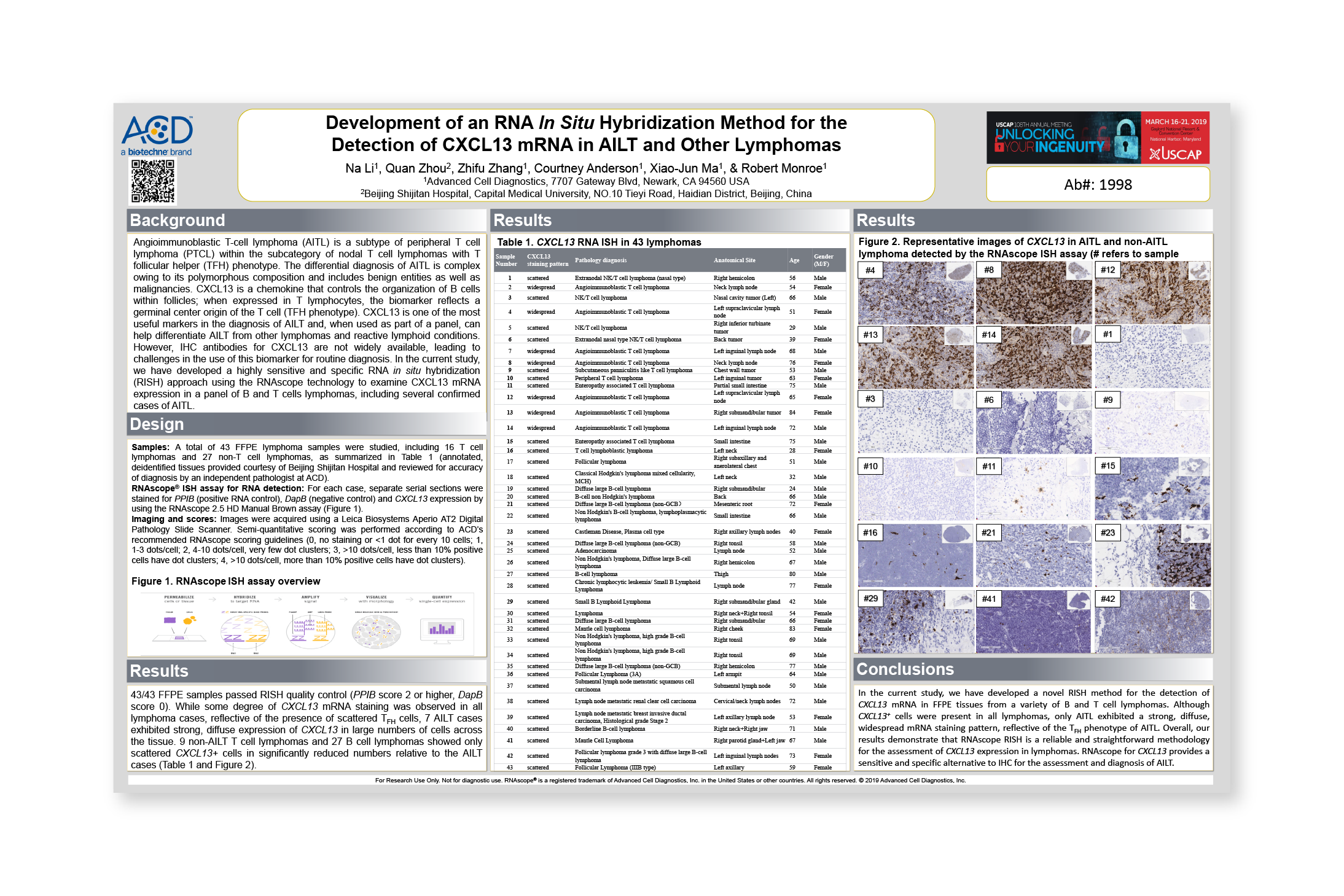 Development of an RNA In Situ Hybridization Method for the Detection of CXCL13 mRNA in AILT and Other Lymphomas - Presented at : USCAP 2019