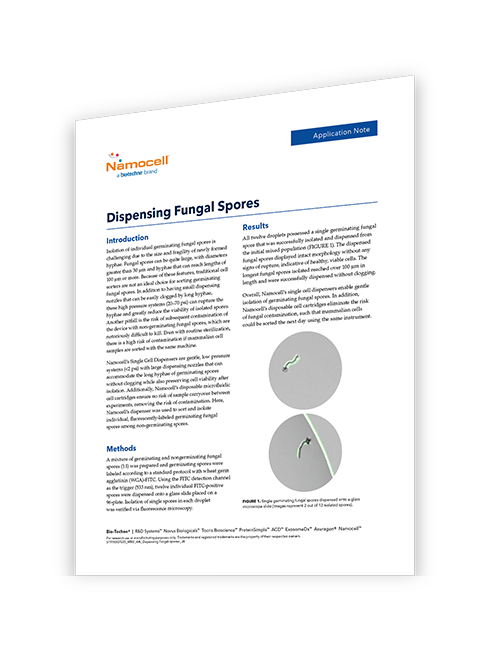 In this application note, learn how Bio-Techne's Hana and Pala single cell dispensers were used to effectively isolate germinating fungal spores.