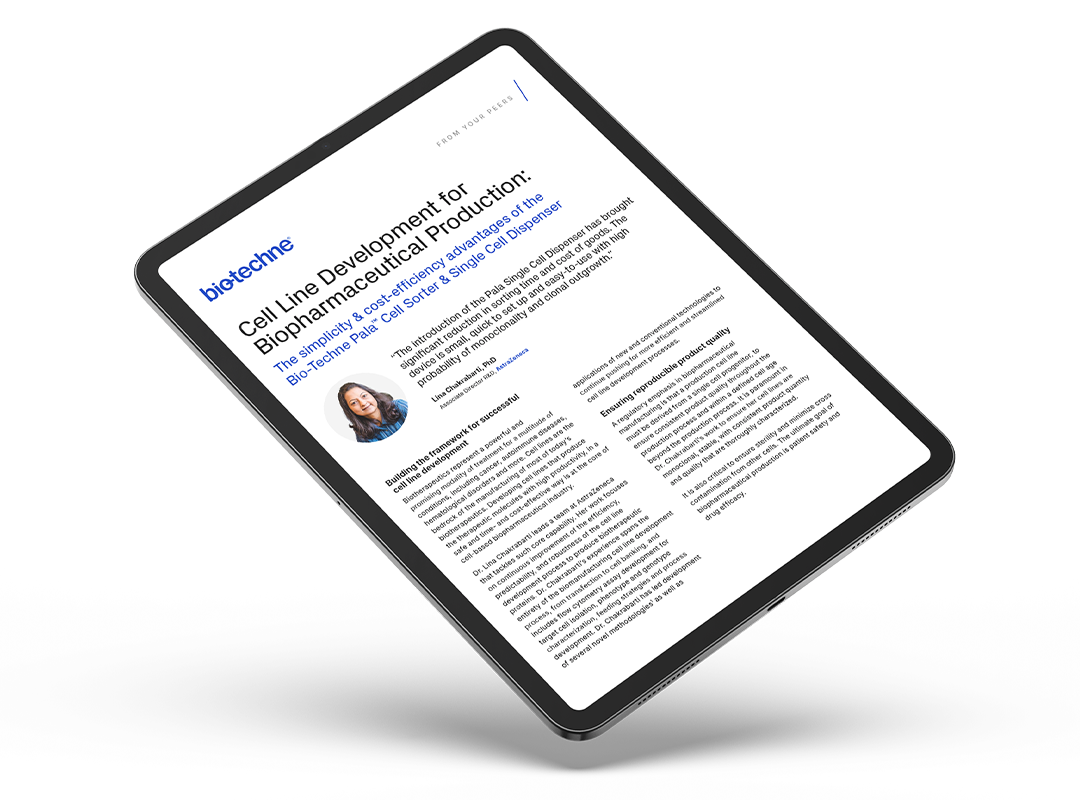 Dr. Lina Chakrabarti from AstraZeneca discusses how the single cell sorting dispensing technology on the Pala™ system boosted cell line development workflows for biopharmaceutical manufacturing.