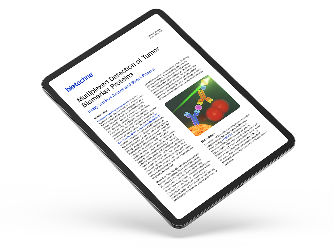 Thumbnail image application note demonstrating how the benefits of Human Tumor Biomarker Performance Panel by Bio-Techne, leveraging Luminex assays and Streck plasma tubes for stable, multiplexed detection of tumor biomarkers.