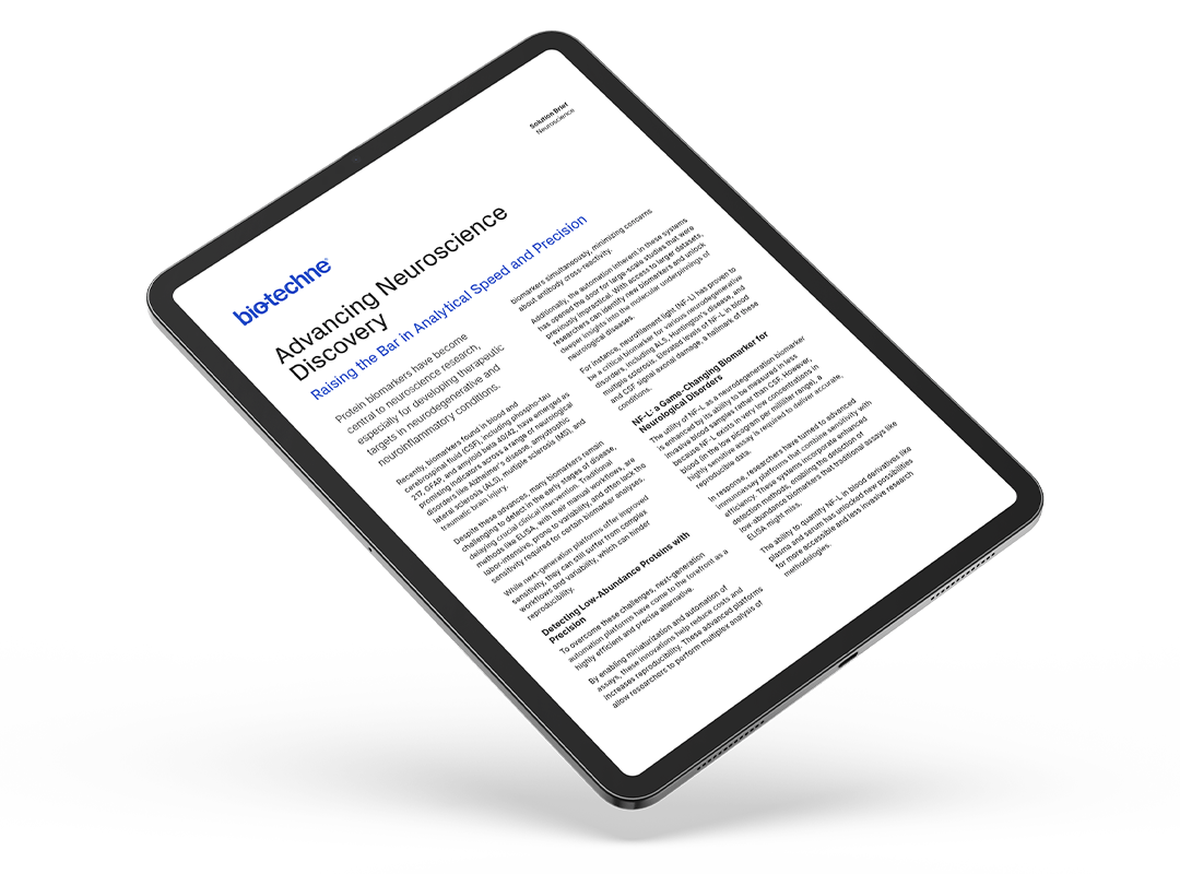 Thumbnail image of neuroscience solution brief which highlights recent studies showcasing the Ella microfluidic immunoassay’s superior performance in biomarker detection compared to other next-generation platforms.