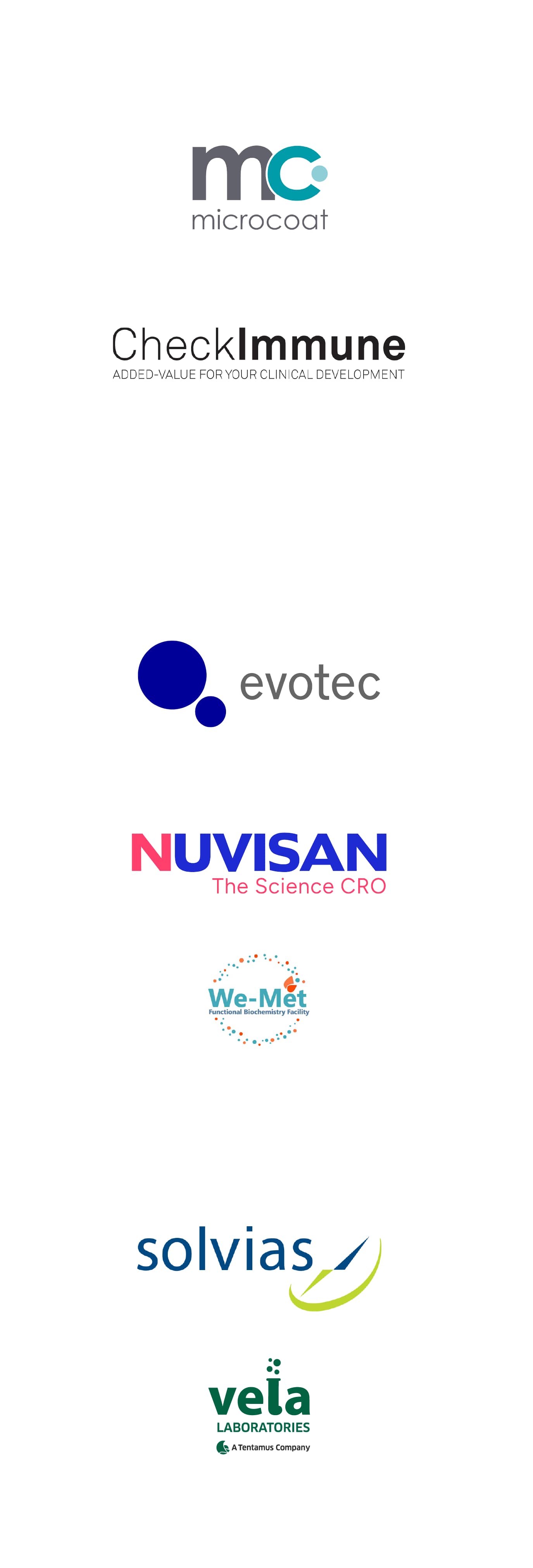 Logos of microcoat, CheckImmune, evotec, Nuvisan, We-Met Functional Biochemistry Facility, solvias, vela Labroatories