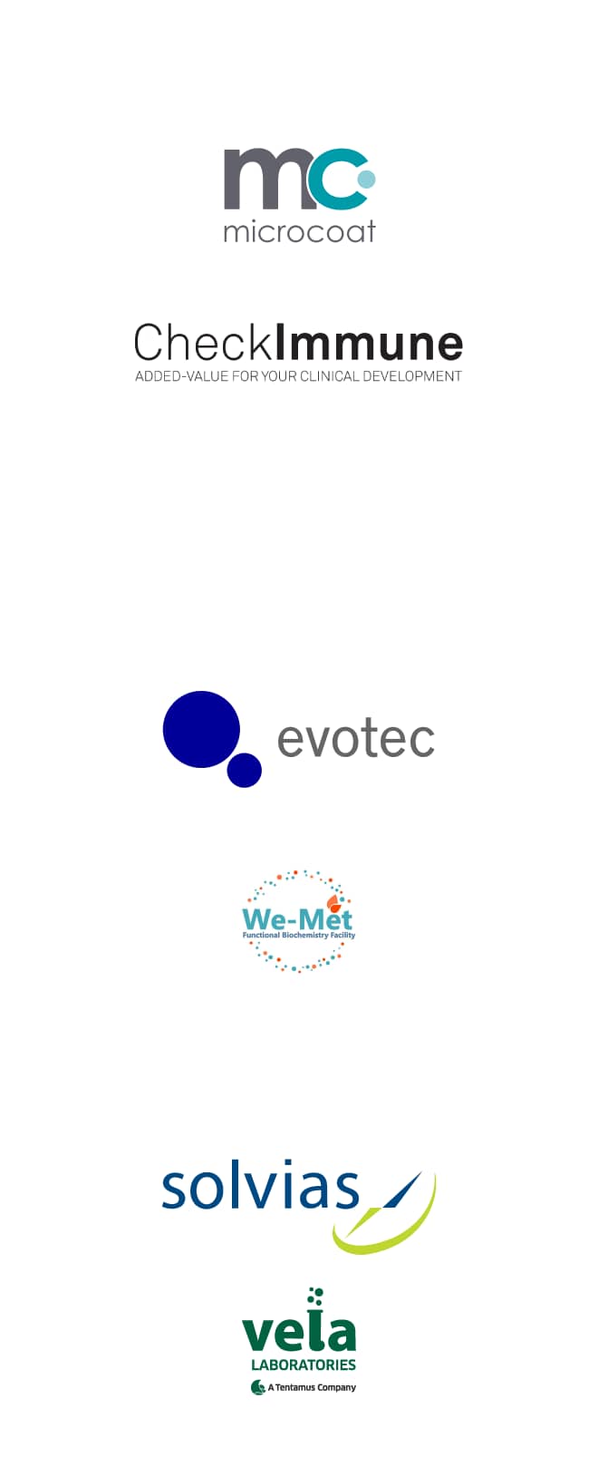 Logos of microcoat, CheckImmune, evotec, We-Met Functional Biochemistry Facility, solvias, vela Labroatories