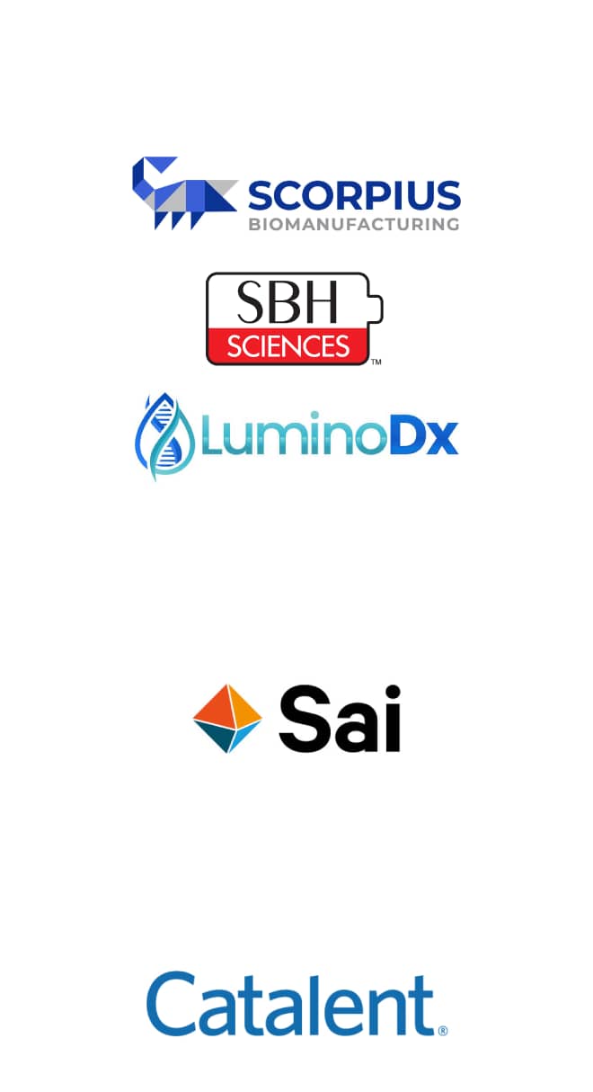 logos of Scorpius Biomanufacturing, SBH Sciences, LuminoDX, Sai, Catalent