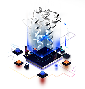 IL-2 protein ribbon structure shown on top of a computer circuit board to depict modifications of the protein by artificial intelligence