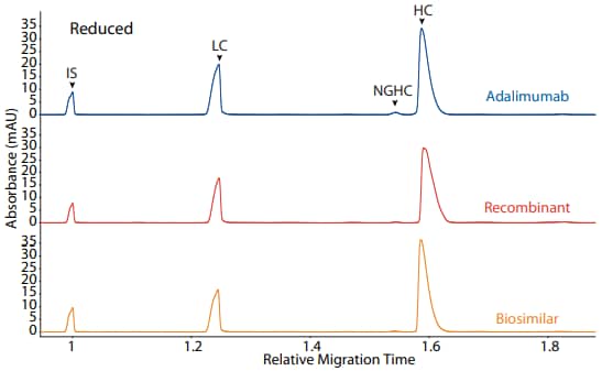 CE-SDS reduced (top) and area percentages (bottom) of adalimumab, a recombinant, and a biosimilar