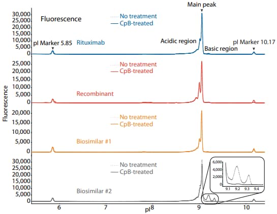 icIEF fluorescence (top) and peak area percentages (bottom) of rituximab, a recombinant, and two biosimilars