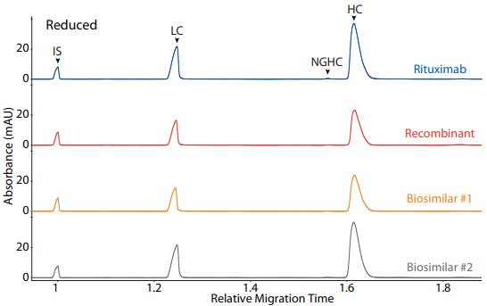 CE-SDS reduced (top) and peak area percentages (bottom) of rituximab, a recombinant, and two biosimilars