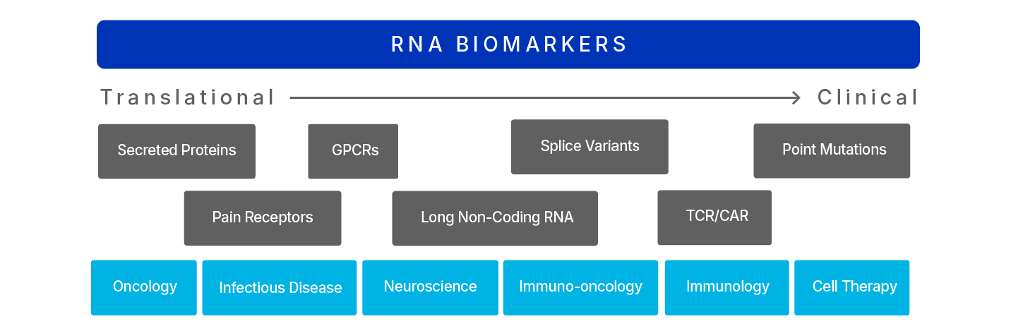 Infographic highlighting the use of RNAscope to detect various types of RNA biomarkers in various applications