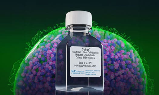  Image of a bottle of cell culture media in front of a 3D image of a cell