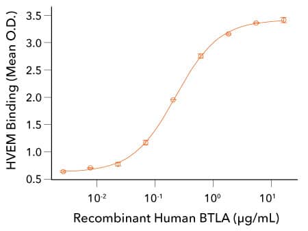 Analysis of the binding response between R&D Systems Recombinant Human BTLA and Recombinant Mouse HVEM proteins.