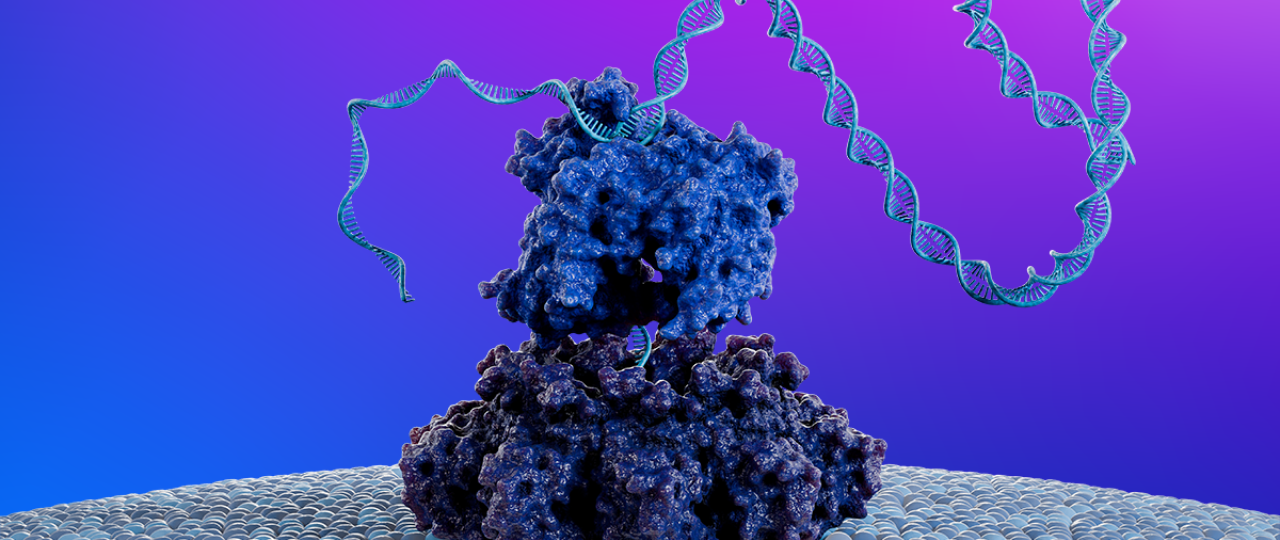 3D graphic showing a DNA strand threading through a nanopore protein complex against a blue and purple gradient background.