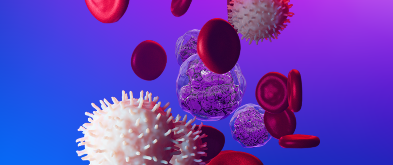 Abstract 3D illustration of red and white blood cells on a blue-to-purple gradient background.