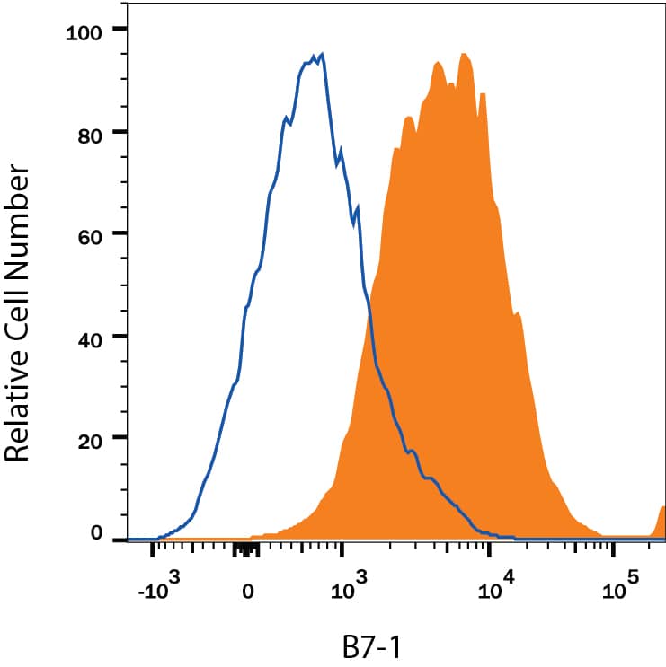 Detection of B7-1/CD80 antibody in Mouse Splenocytes antibody by Flow Cytometry.