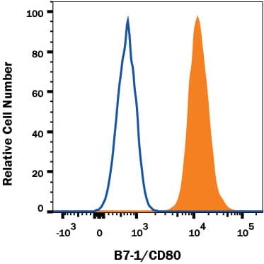 Detection of B7-1/CD80 antibody in Raji Human Cell Line antibody by Flow Cytometry.