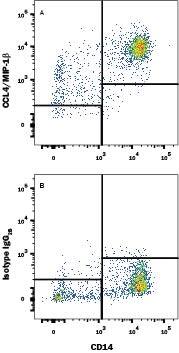 Detection of CCL4/MIP-1 beta antibody in Human Blood Monocytes antibody by Flow Cytometry.