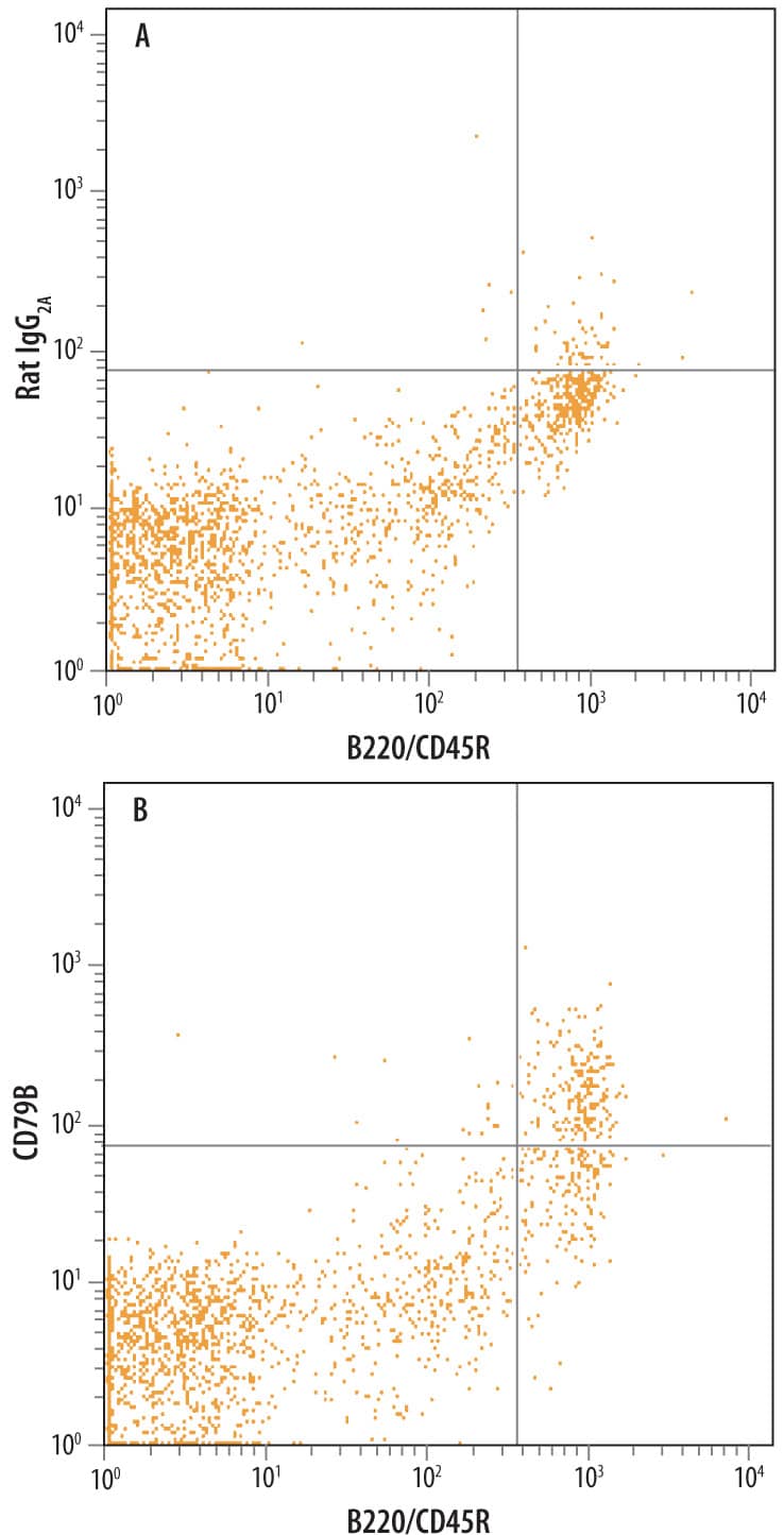 Detection of CD79B antibody in Mouse Splenocytes antibody by Flow Cytometry.