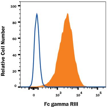 Detection of Fc gamma RIII (CD16) antibody in RAW 264.7 Mouse Cell Line antibody by Flow Cytometry.