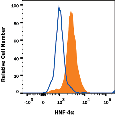 Detection of HNF-4 alpha/NR2A1 antibody in Human Endodermal Cells antibody by Flow Cytometry.