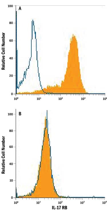 Detection of IL-17 RB antibody in HEK293 Human Cell Line Transfected with Mouse IL-17 RB antibody by Flow Cytometry.