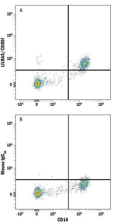 Detection of LILRA5/CD85f antibody in Human PBMCs antibody by Flow Cytometry.