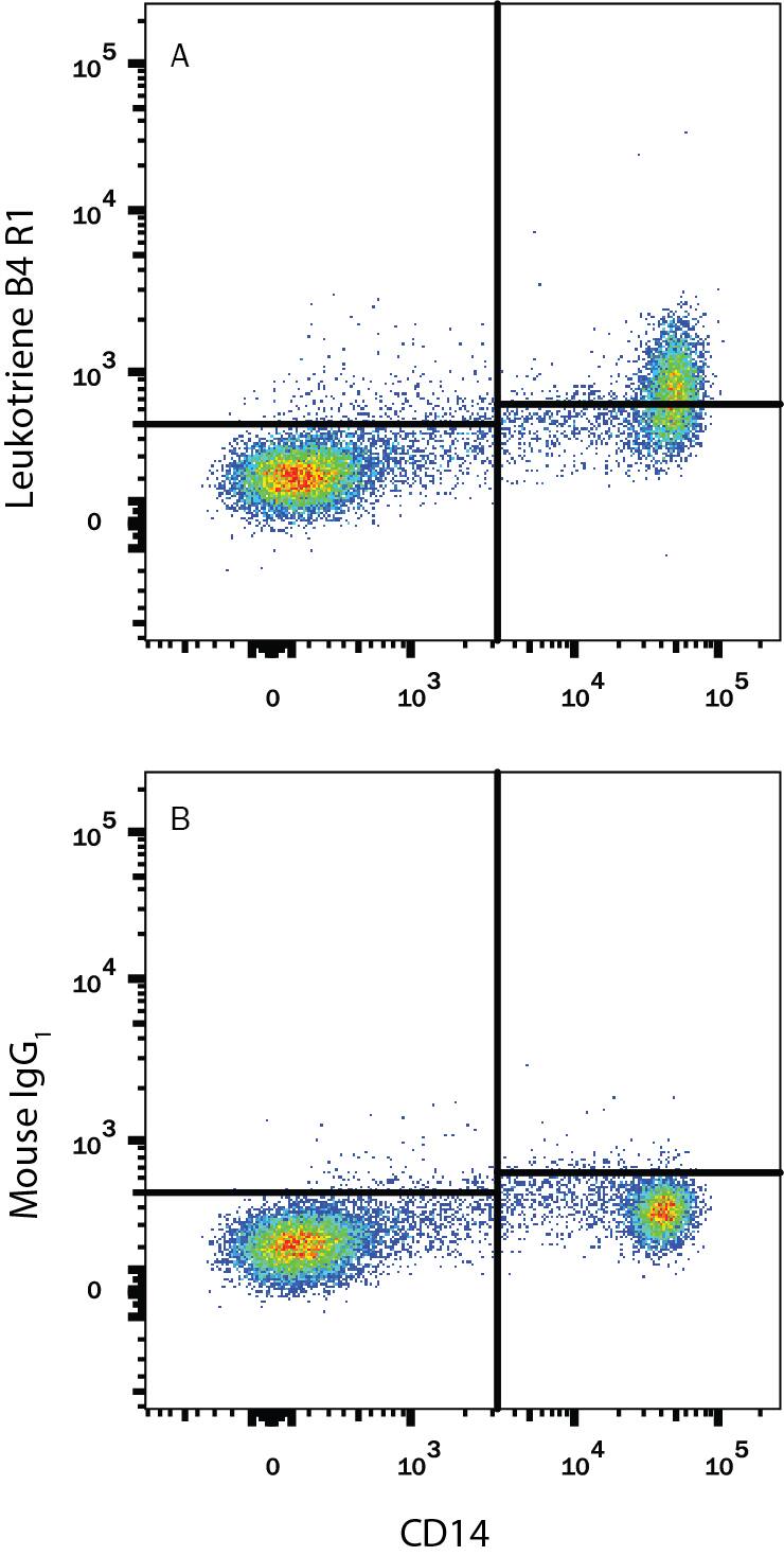 Detection of Leukotriene B4 R1 antibody in Human Blood Monocytes antibody by Flow Cytometry.