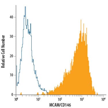 Detection of MCAM/CD146 antibody in HeLa Human Cell Line antibody by Flow Cytometry.