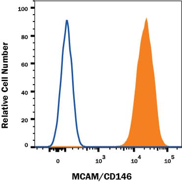 Detection of MCAM/CD146 antibody in HeLa Human Cell Line antibody by Flow Cytometry.