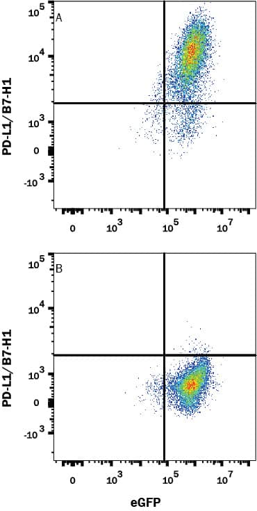 Detection of PD-L1/B7-H1 antibody in HEK293 Human Cell Line Transfected with Human PD-L1/B7-H1 and eGFP antibody by Flow Cytometry.