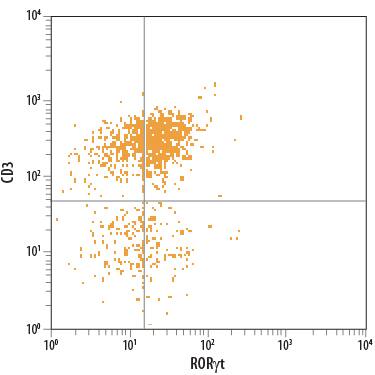 Detection of ROR?t/RORC2/NR1F3 antibody in Human PBMCs antibody by Flow Cytometry.