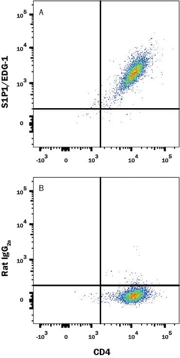 Detection of S1P1/EDG-1 antibody in HEK293 Human Cell Line Transfected with Mouse S1P1/EDG-1 and GFP antibody by Flow Cytometry.