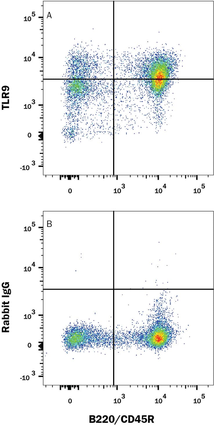 Detection of TLR9 antibody in Mouse Splenocytes antibody by Flow Cytometry.