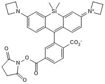 Red dye (Reactive group: NHS ester). Applications: super resolution microscopy e.g. dSTORM & STED, confocal, flow and live cell imaging