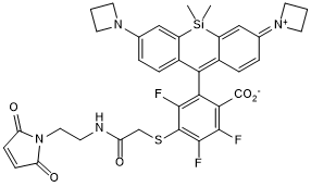 Red dye (Reactive group: maleimide). Application: flow cytometry, confocal microscopy, super resolution microscopy including dSTORM & STED. Suitable for live cell imaging