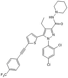 Highly potent CB1 inverse agonist; peripherally restricted