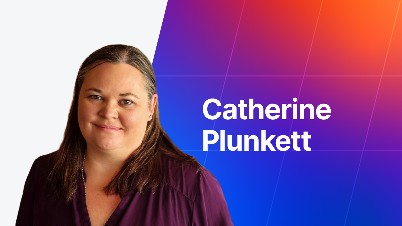 Headshot card featuring Catherine Plunkett over blue and orange gradient.