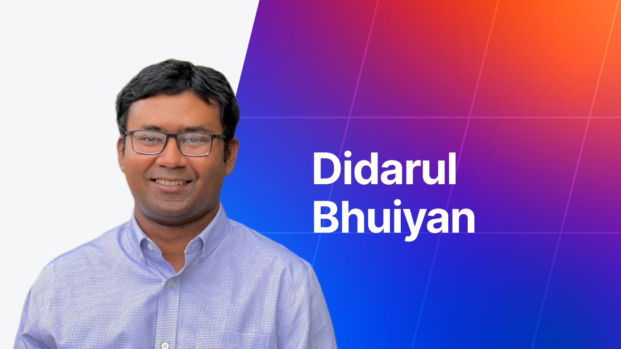 Headshot card of Didarul Bhuiyan featuring his photo and name against a blue and orange gradient background.