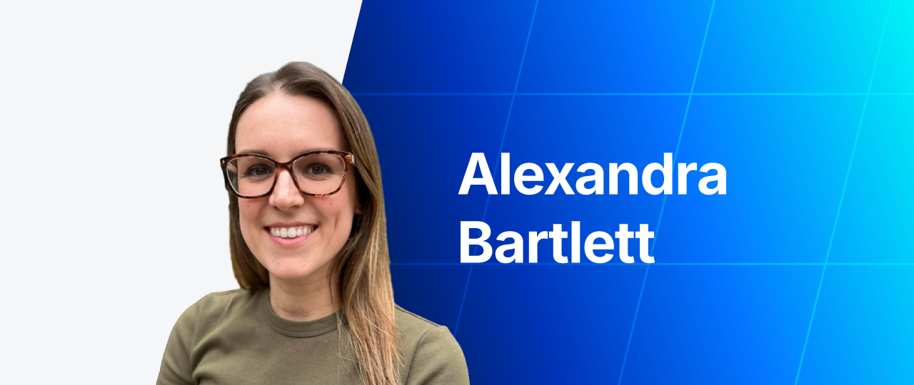 Headshot card featuring Alexandra Bartlett alongside her name against a blue gradient background.