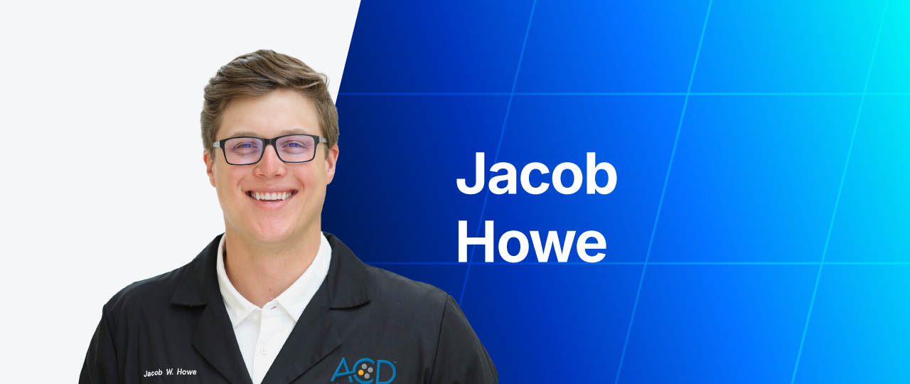 Headshot card featuring Jacob Howe set against a split white and blue gradient background.